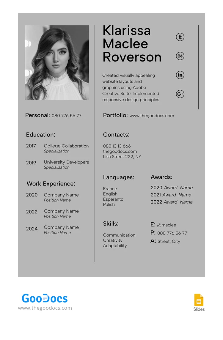 CV simple élégant en gris - free Google Docs Template - 10067858