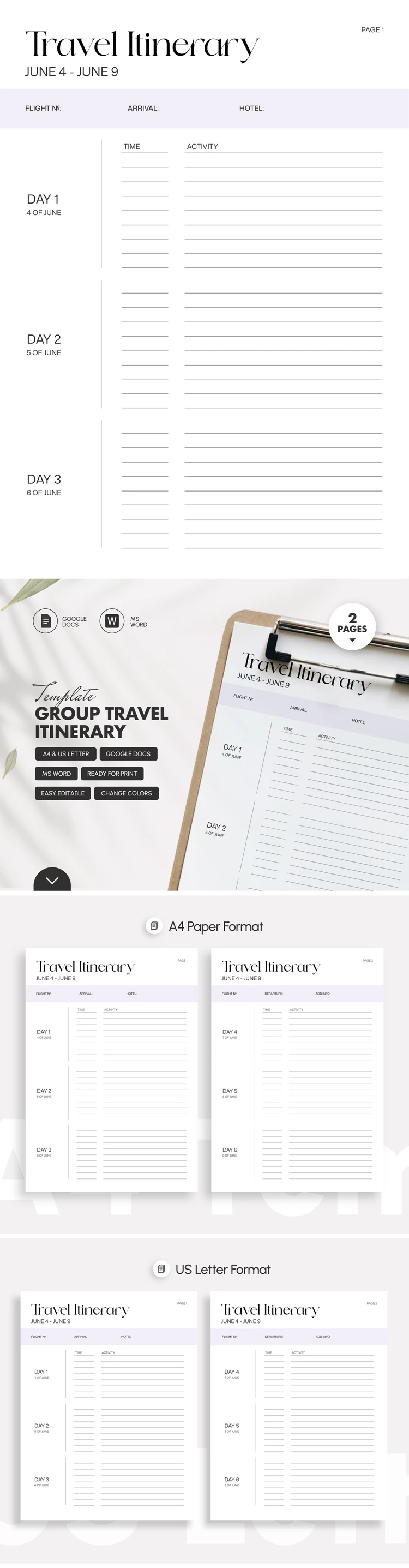 Preview of Group Travel Itinerary Template for Google Docs and Microsoft Word