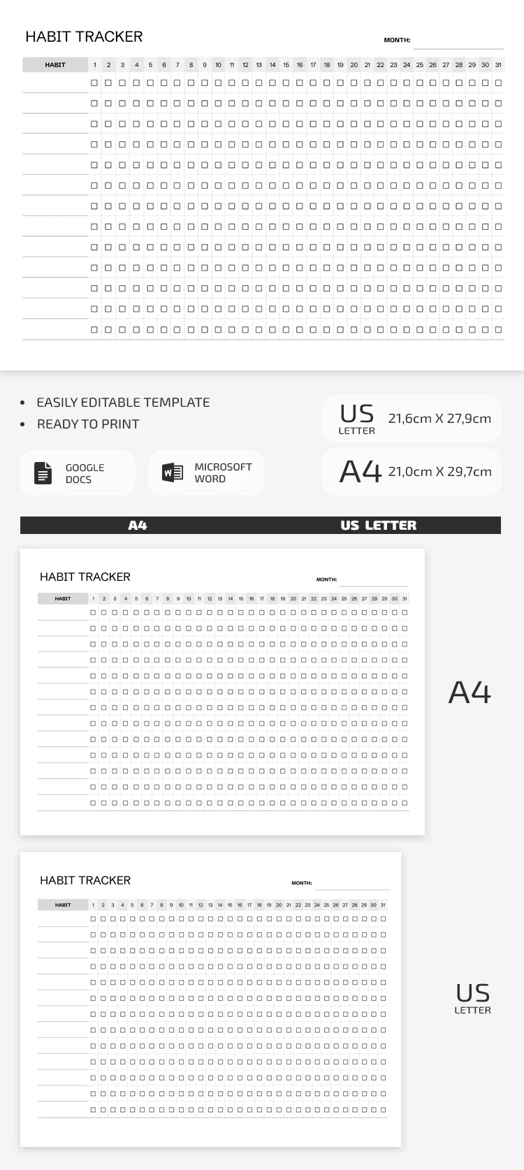 Preview of Habit Tracker Template for Google Docs and Microsoft Word