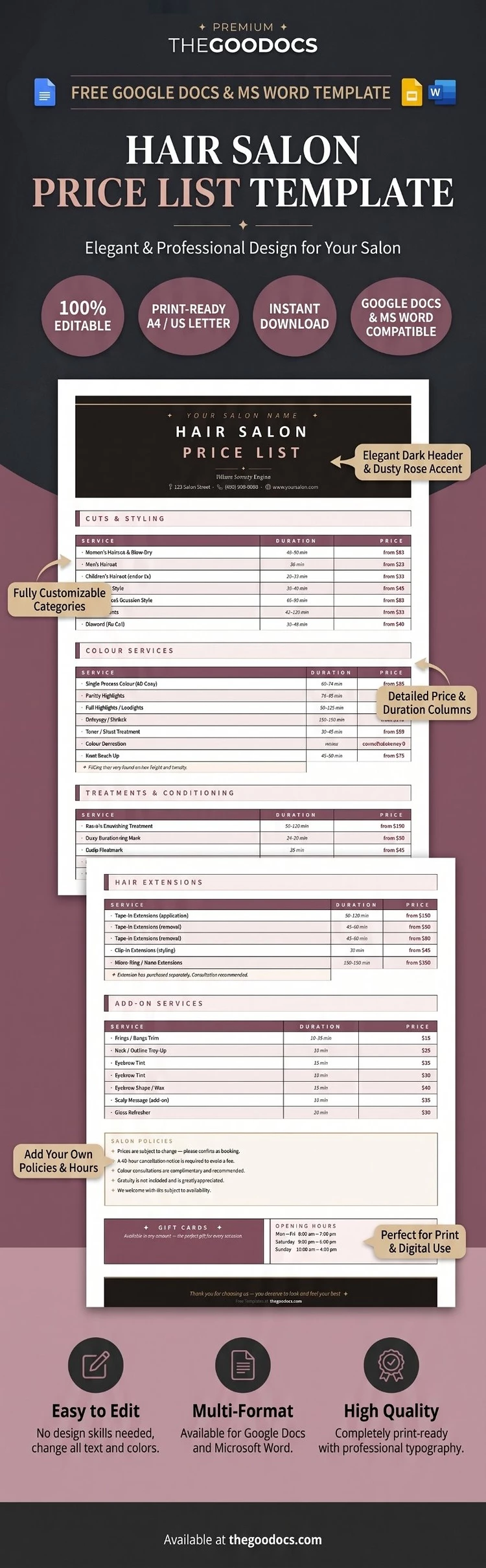 Preview of Hair Salon Price List for Google Docs and Microsoft Word