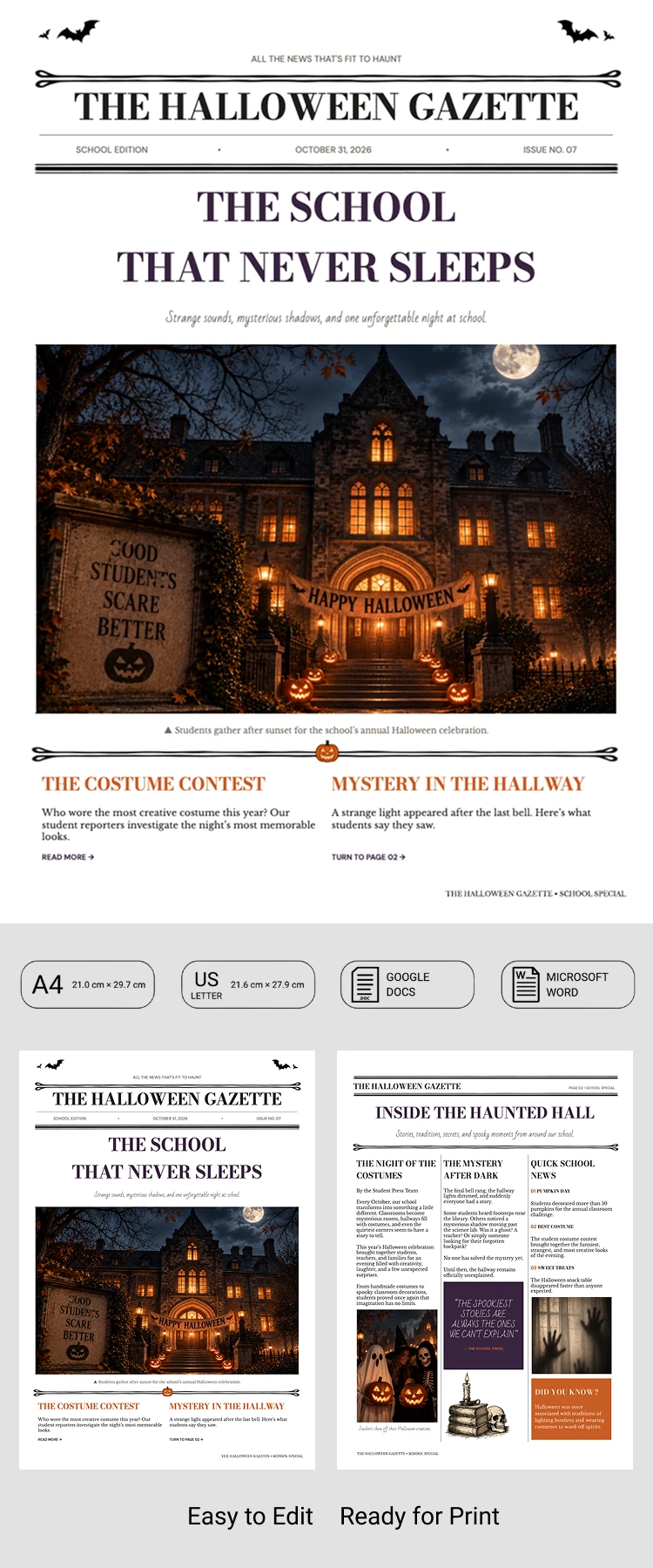 Preview of Halloween School Newspaper Template for Google Docs and Microsoft Word