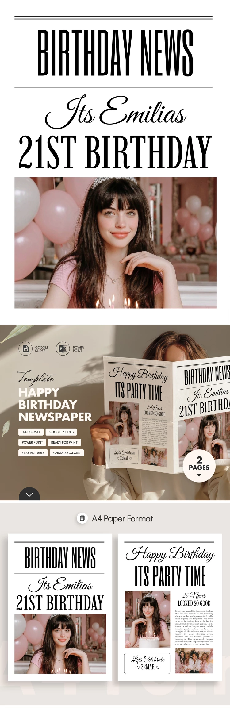 Preview of Happy Birthday Newspaper Template for Google Docs and Microsoft Word