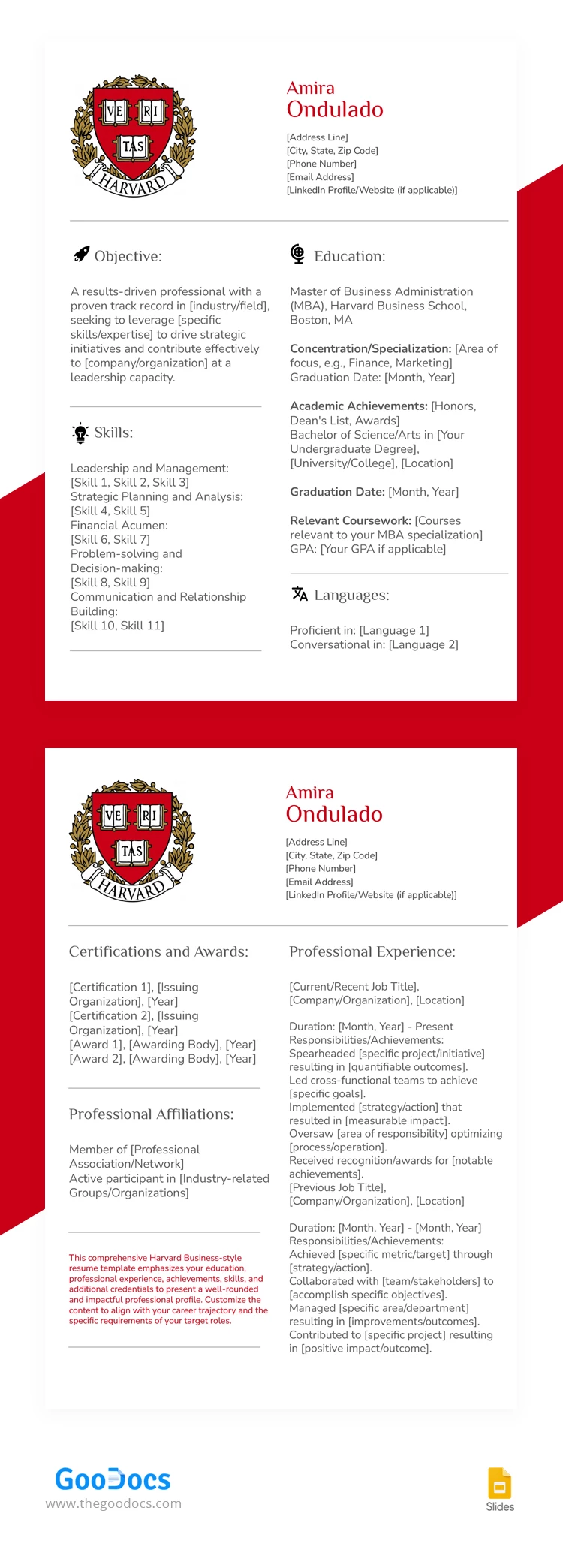 CV de Harvard Business - free Google Docs Template - 10067825