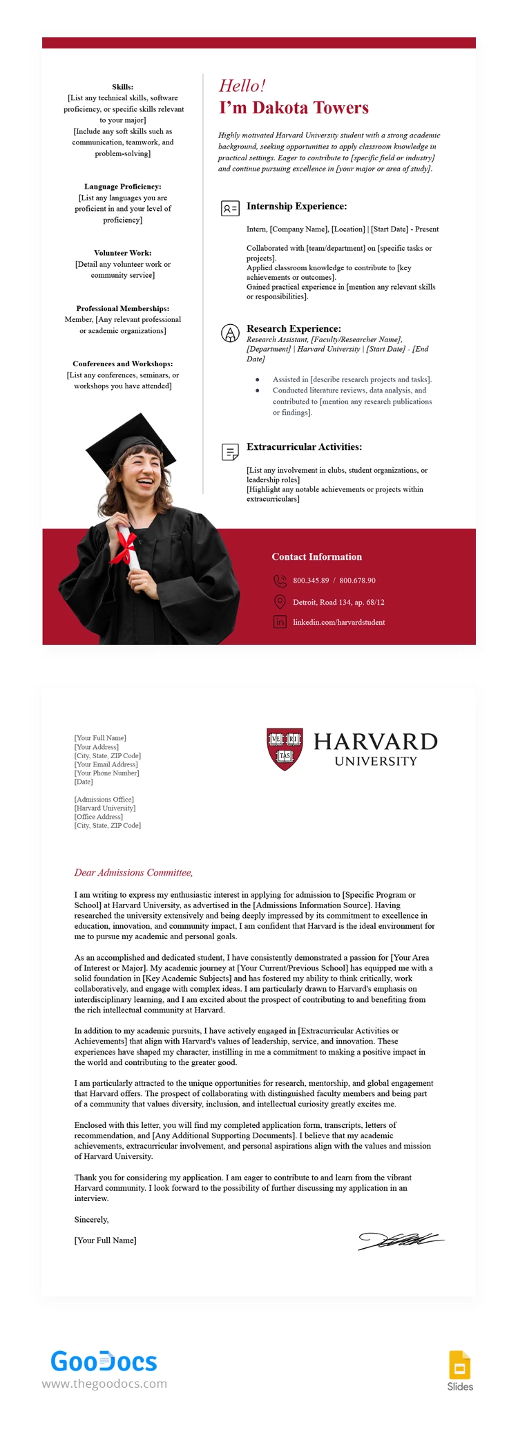 Currículo e Carta de Apresentação da Universidade de Harvard - free Google Docs Template - 10068108