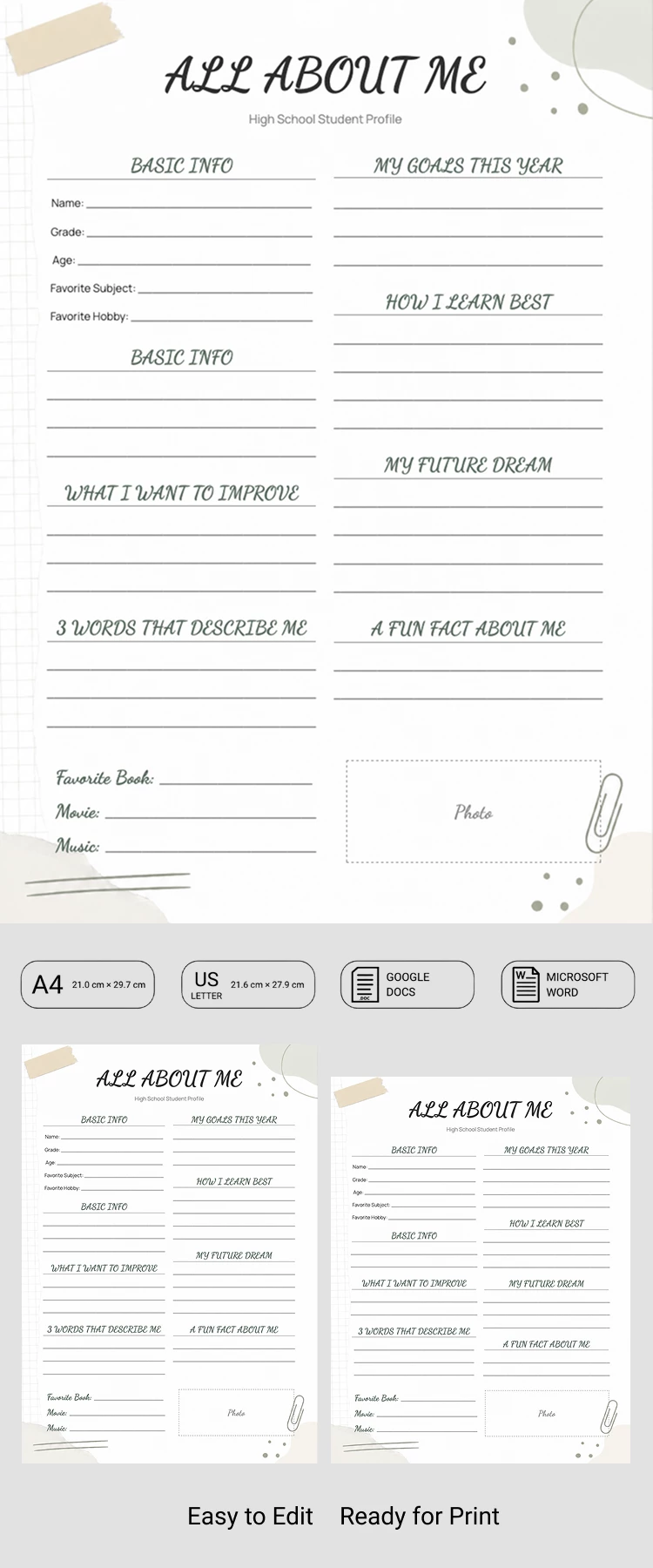 Preview of High School All About Me Worksheet Template for Google Docs and Microsoft Word