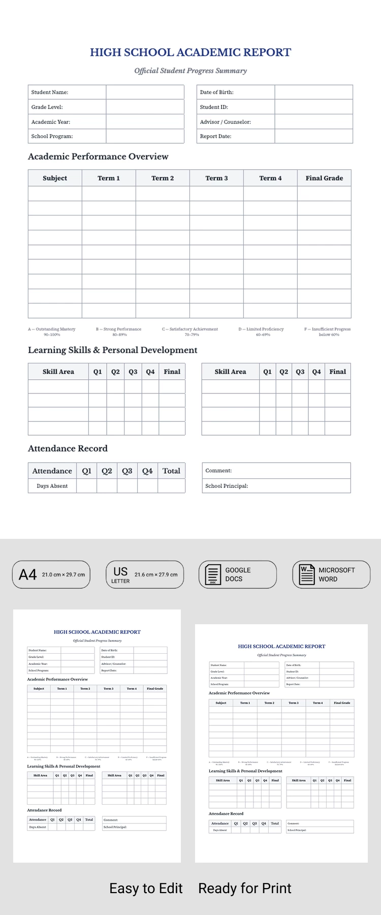 Plantilla de boletín de calificaciones de secundaria - free Google Docs Template - 10072602