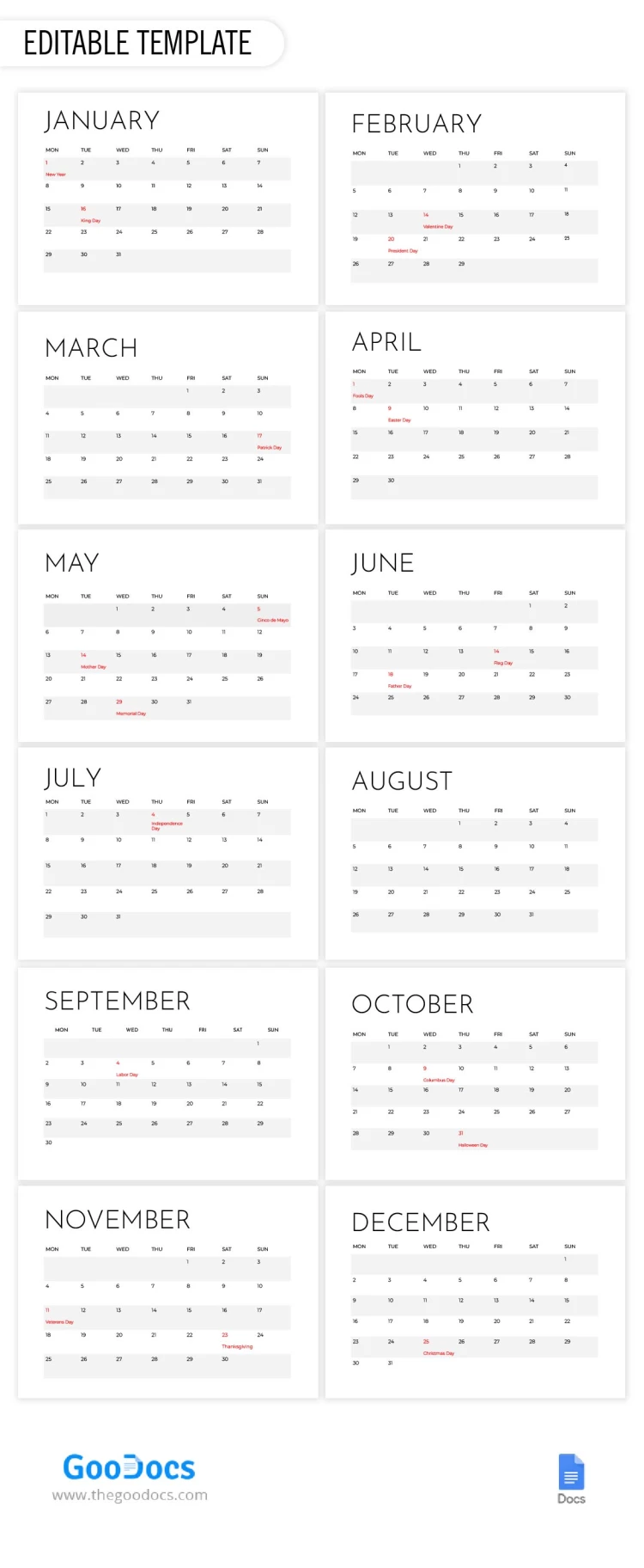 Holiday Calendar - free Google Docs Template - 10068572