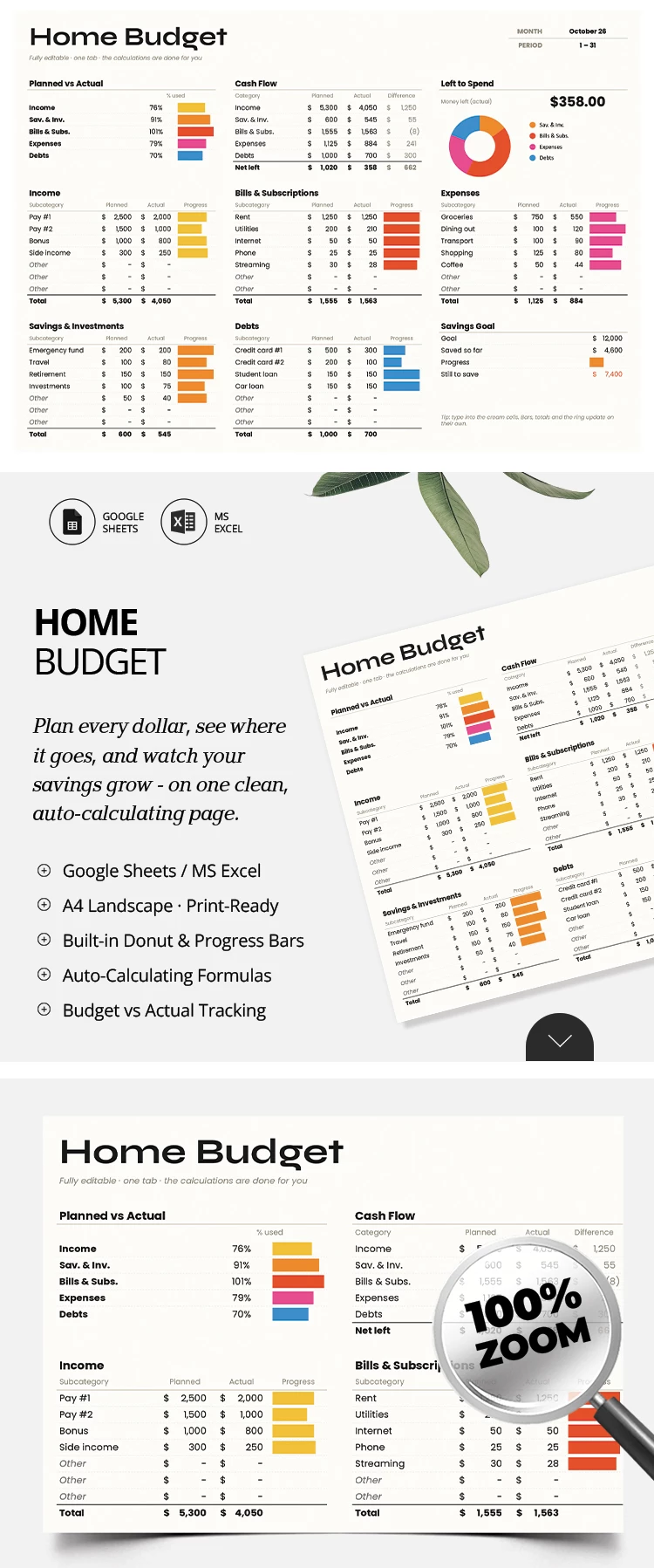 Preview of Home Budget Template for Google Sheets and Microsoft Excel