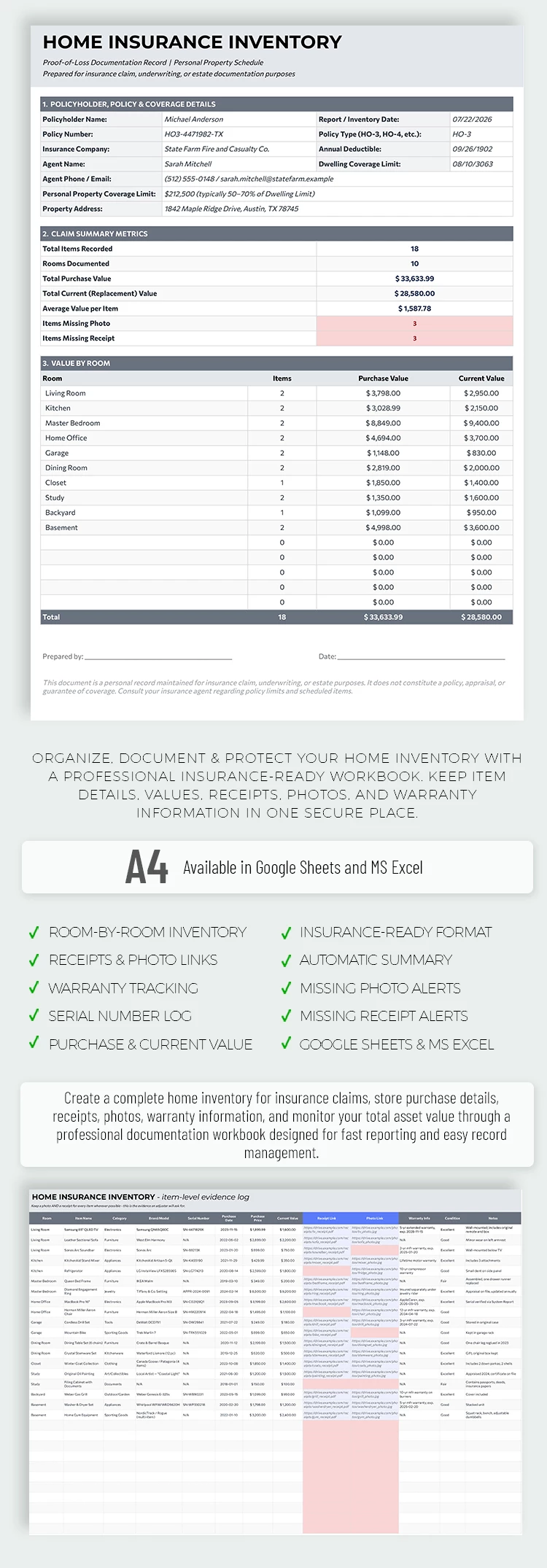 Anteprima di Modello di inventario per l'assicurazione casa con foto per Google Sheets and Microsoft Excel