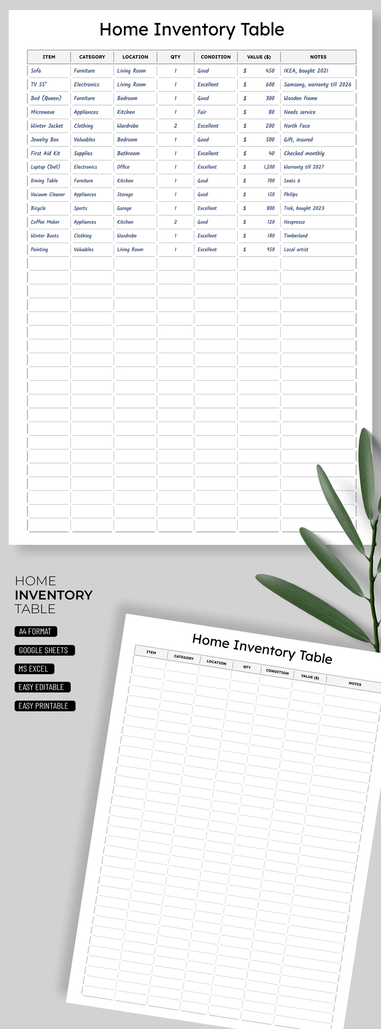 Modelo de inventário doméstico - free Google Docs Template - 10071765