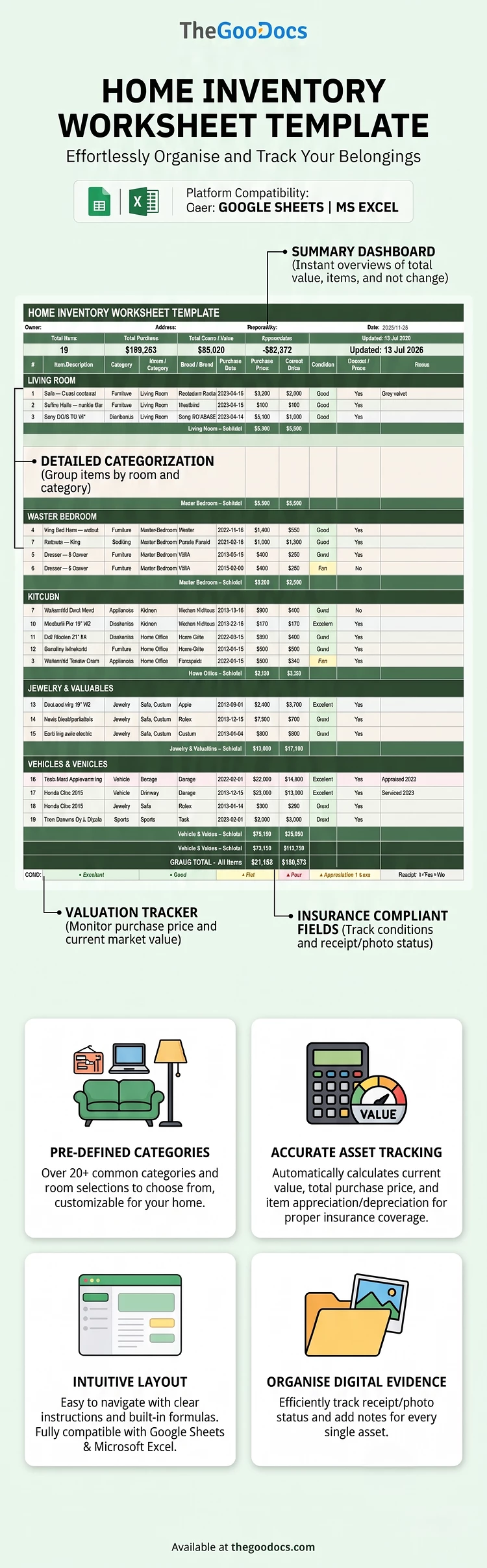 Preview of Home Inventory Worksheet Template for Google Sheets and Microsoft Excel