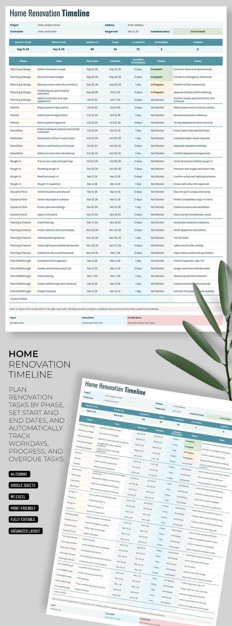 Preview of Home Renovation Timeline Template for Google Sheets and Microsoft Excel
