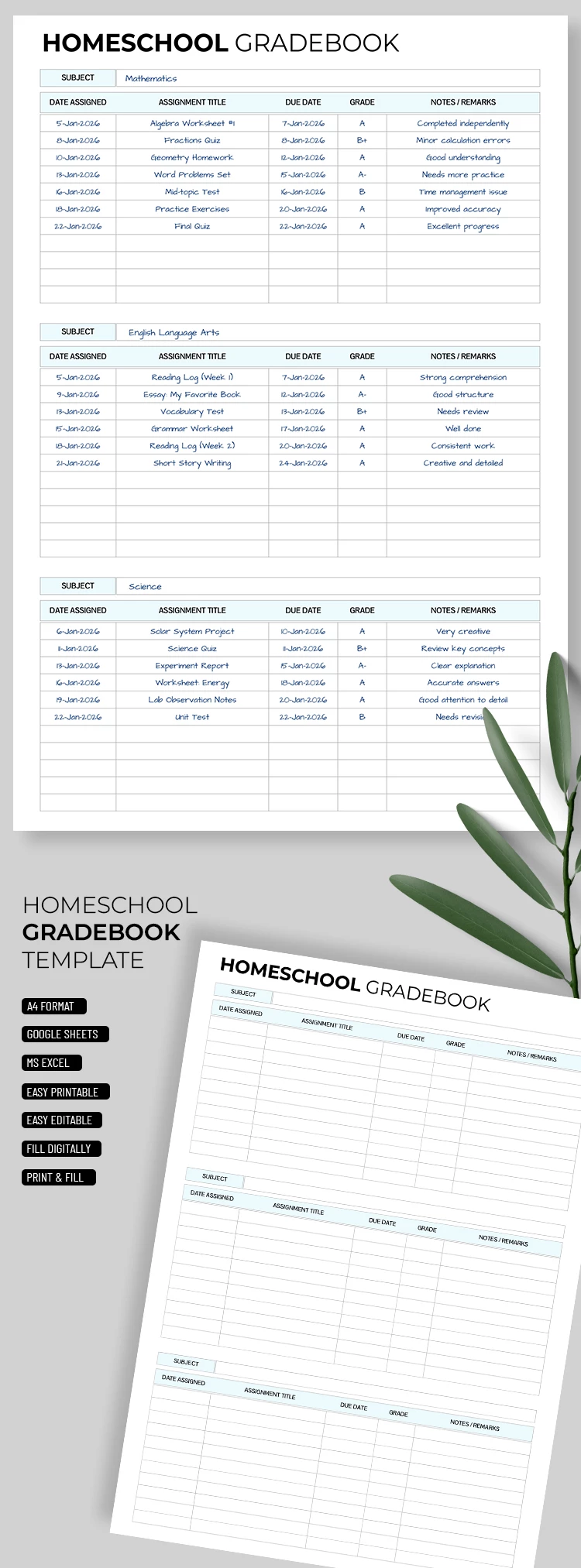 Preview of Homeschool Gradebook Template for Google Sheets and Microsoft Excel