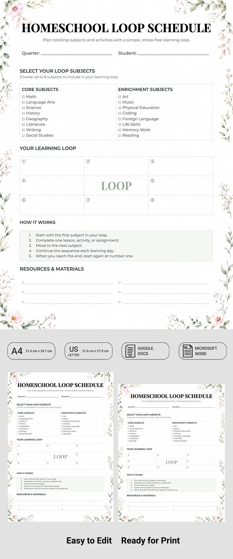 Preview of Homeschool Loop Schedule for Google Docs and Microsoft Word
