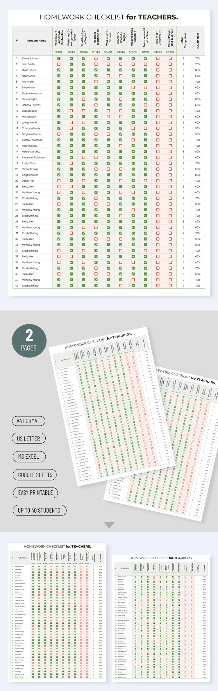 Preview of Homework Checklist Template for Teachers for Google Sheets and Microsoft Excel