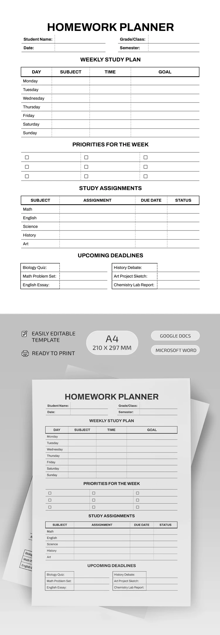 Planificador de tareas minimalista - free Google Docs Template - 10069380