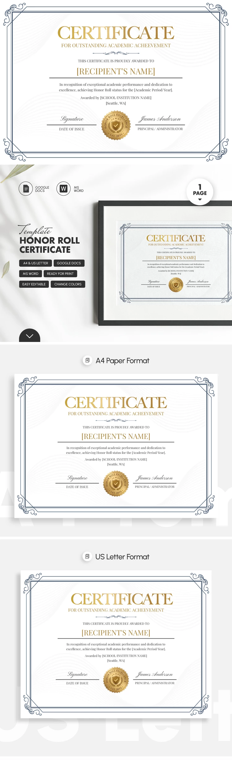 Preview of Honor Roll Certificate Template for Google Docs and Microsoft Word