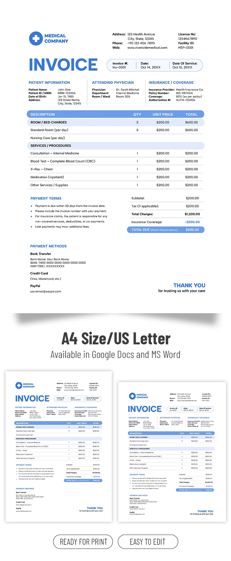 Preview of Hospital Invoice Template for Google Docs and Microsoft Word
