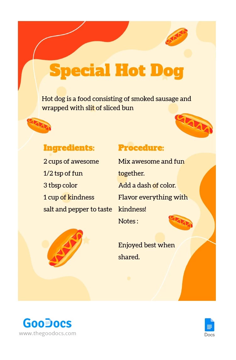Carte de recette de hot-dog - free Google Docs Template - 10064653