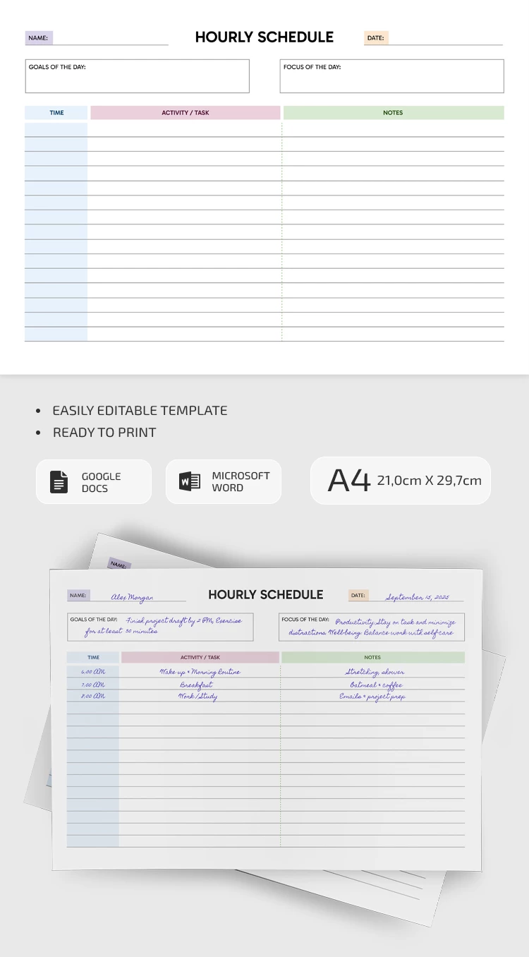 Modèle de programme horaire à l'heure - free Google Docs Template - 10071714