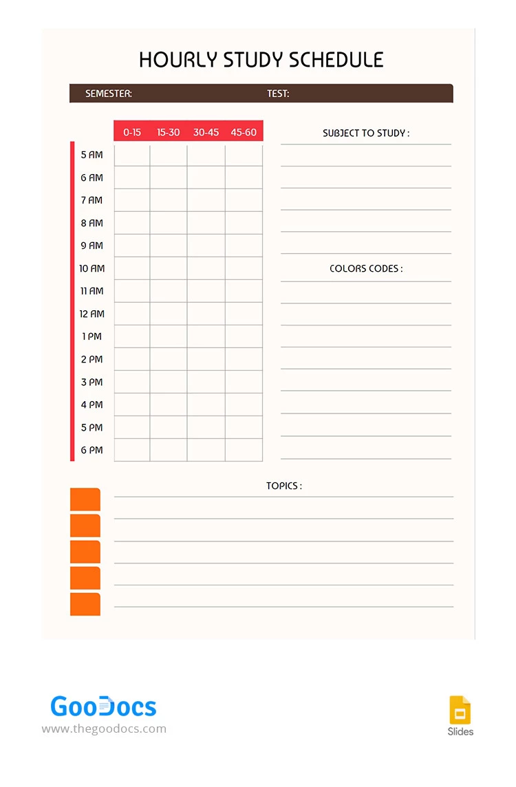 Hourly Study Schedule - free Google Docs Template - 10065404