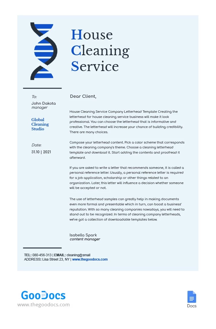 House Cleaning Service Letterhead - free Google Docs Template - 10062246