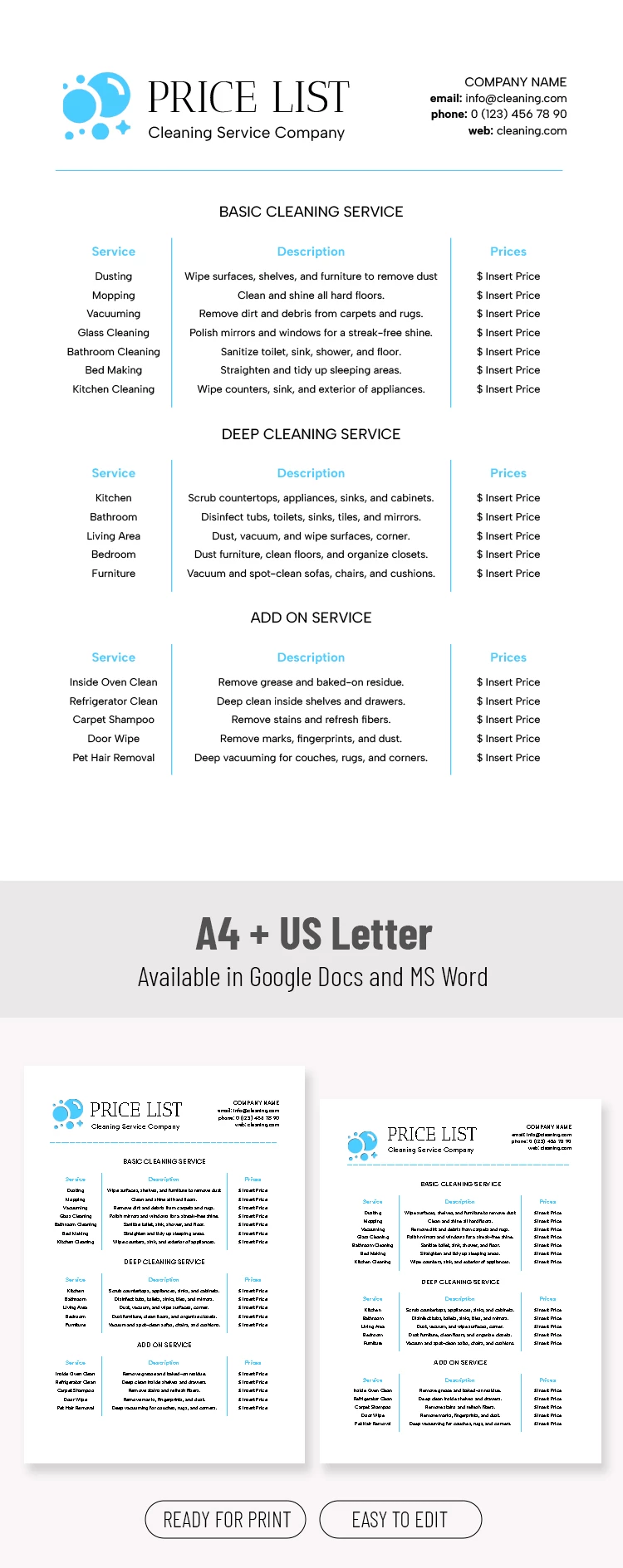 House Cleaning Services Price List Template - free Google Docs Template - 10071814