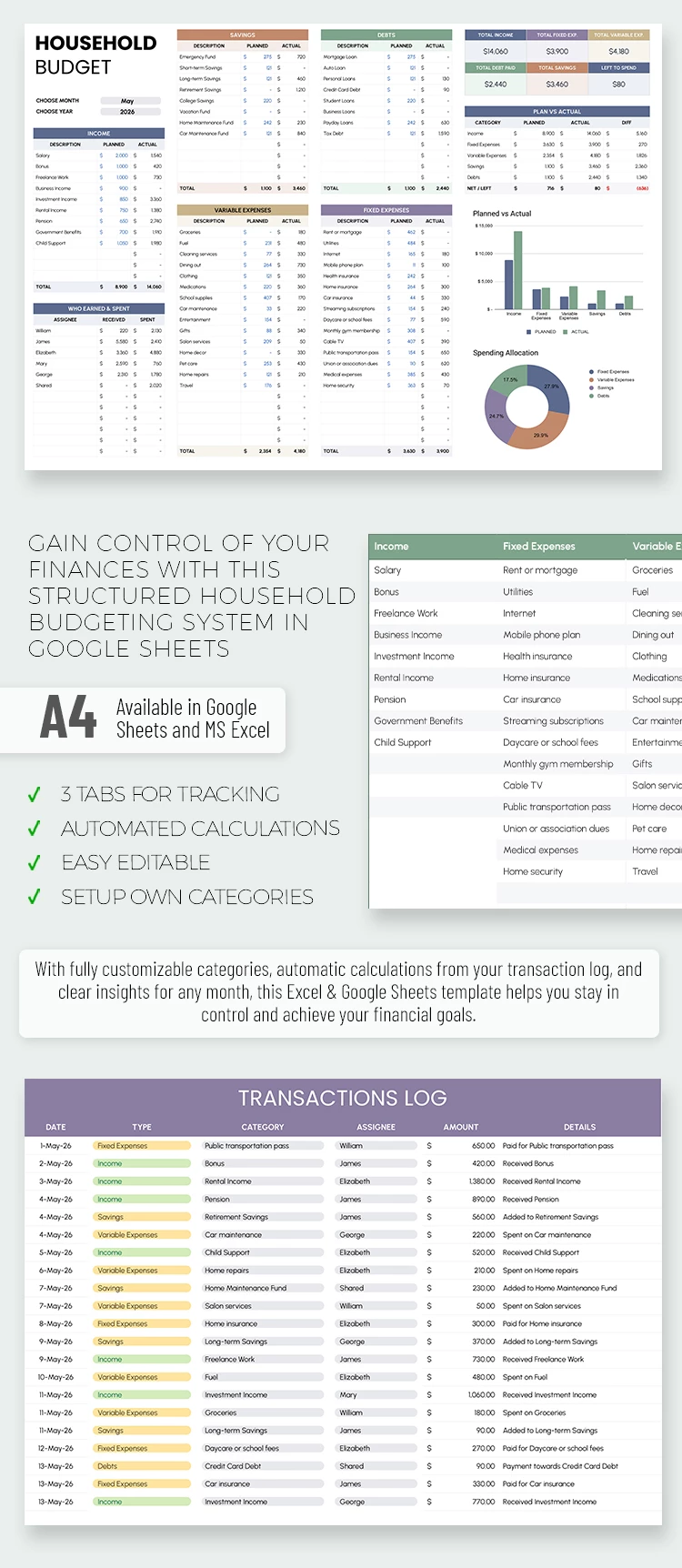 Preview of Household Budget Template for Google Sheets and Microsoft Excel