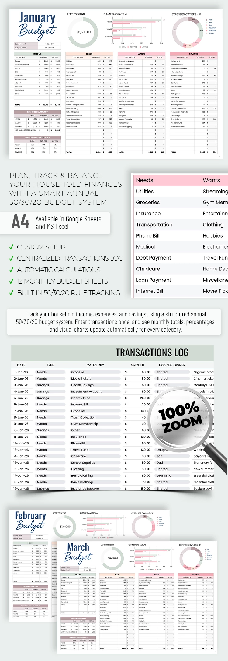 Modello di budget familiare - Regola di budget annuale 50/30/20 - free Google Docs Template - 10072585