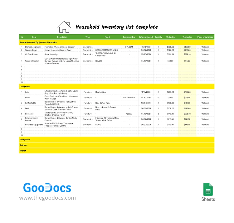 Liste d'inventaire domestique - free Google Docs Template - 10063190