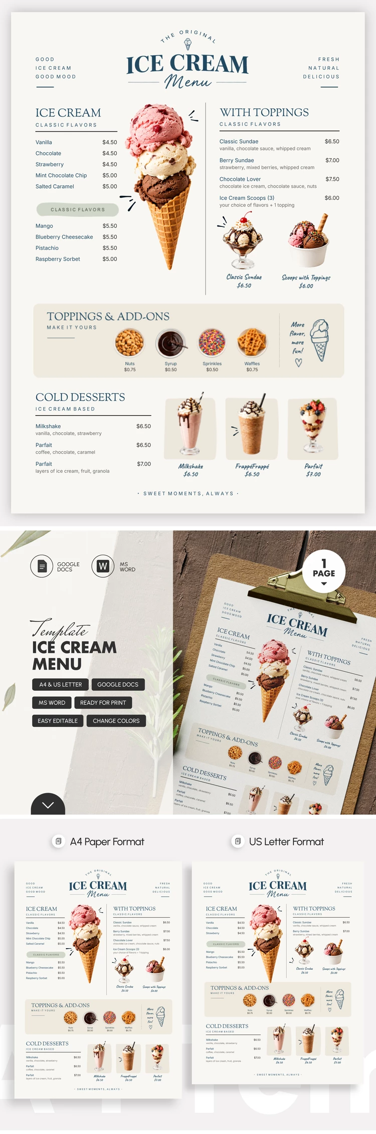 Vorschau von Eiscreme-Menü-Vorlage für Google Docs and Microsoft Word