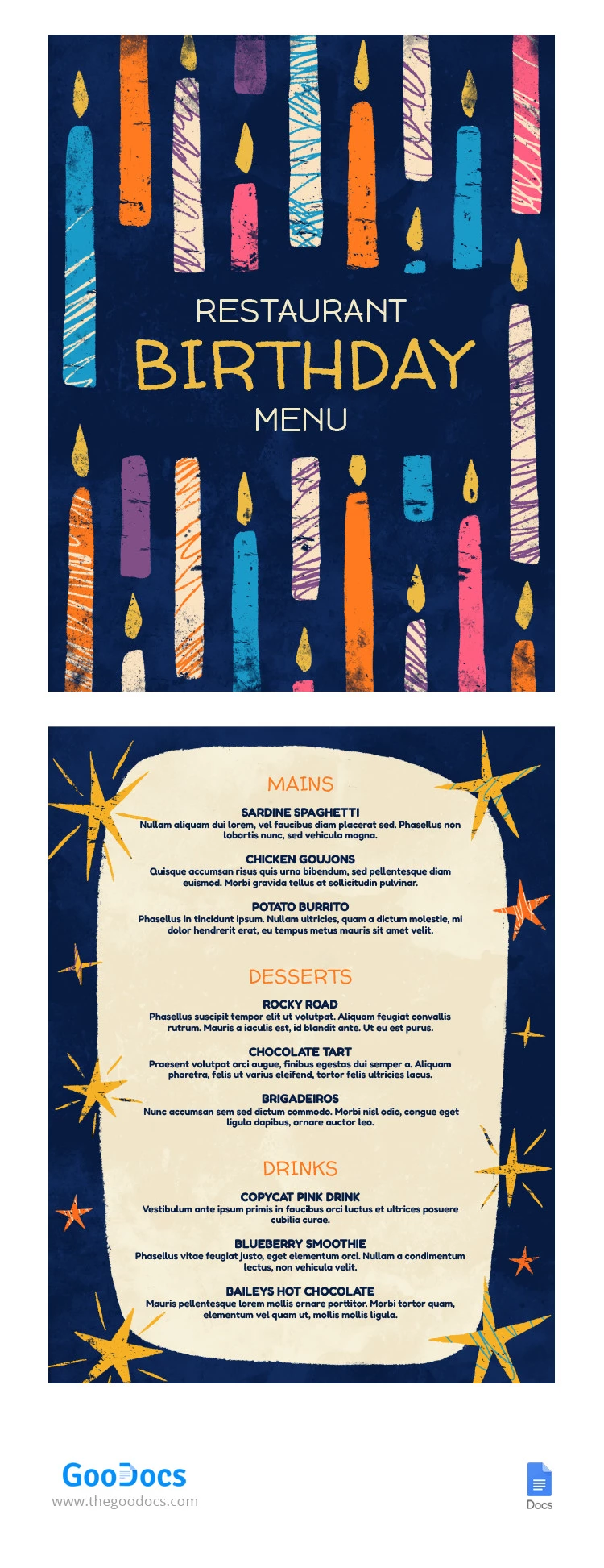 Illustrated Birthday Restaurant Menu - free Google Docs Template - 10065480