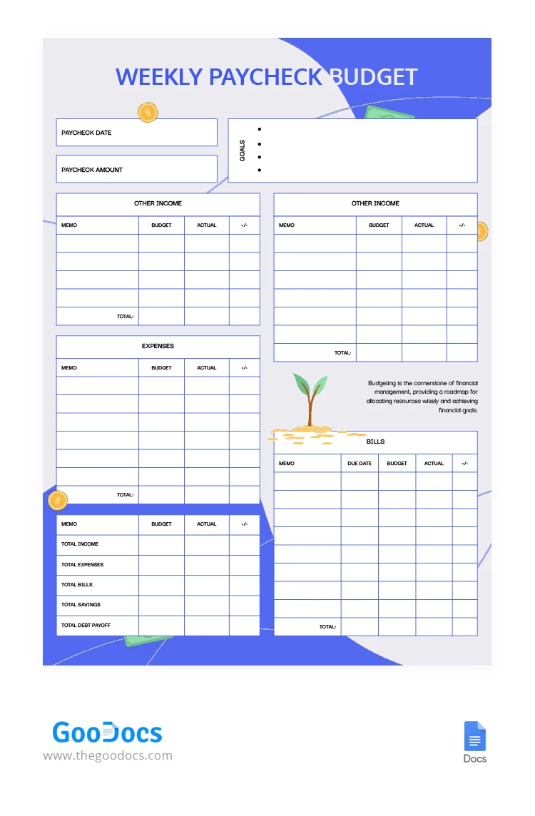 Illustrated Weekly Paycheck Budget - free Google Docs Template - 10068256
