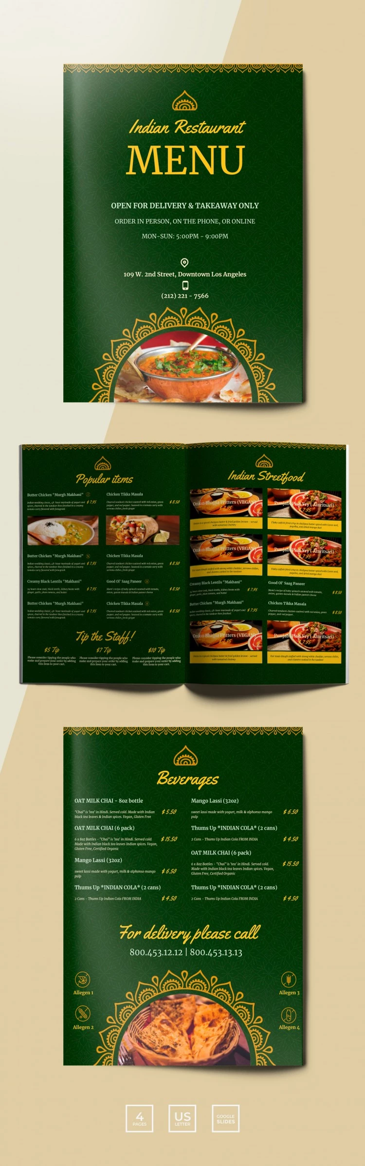 传统印度餐厅菜单 - free Google Docs Template - 10061705