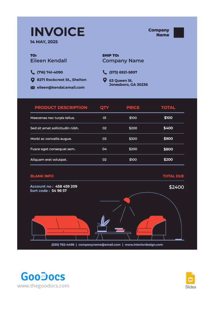 Fatura de Design de Interiores - free Google Docs Template - 10066108