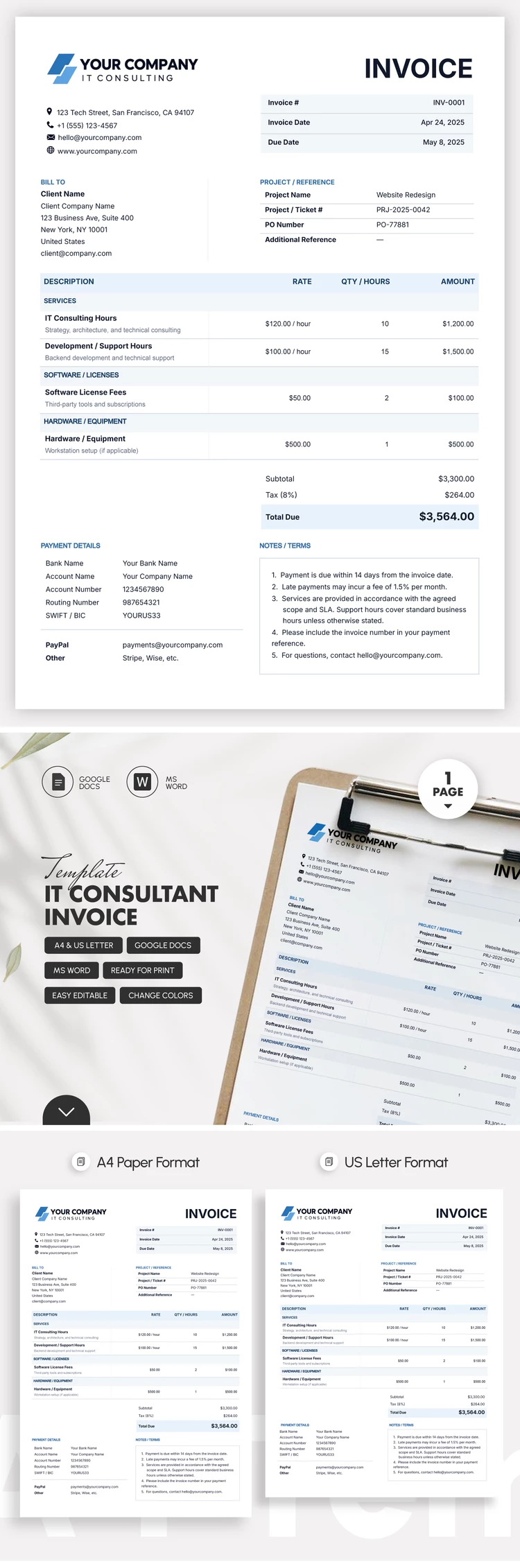 Preview of IT Consultant Invoice Template for Google Docs and Microsoft Word