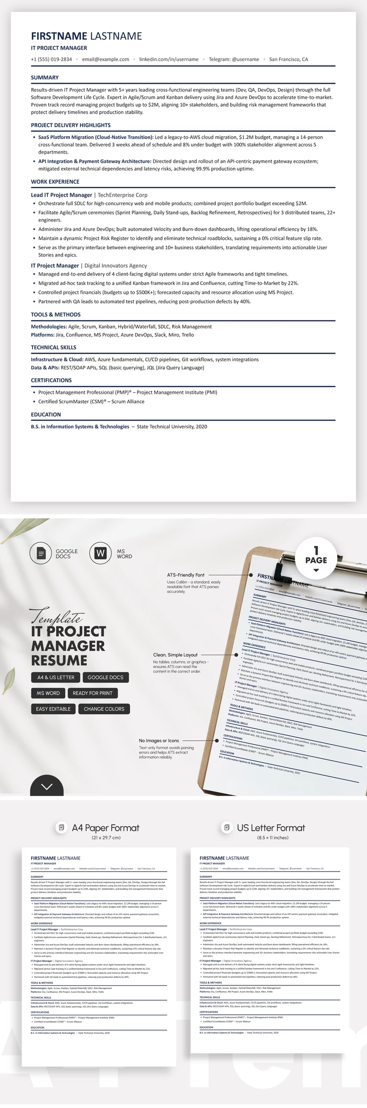 Preview of IT Project Manager Resume Template for Google Docs and Microsoft Word
