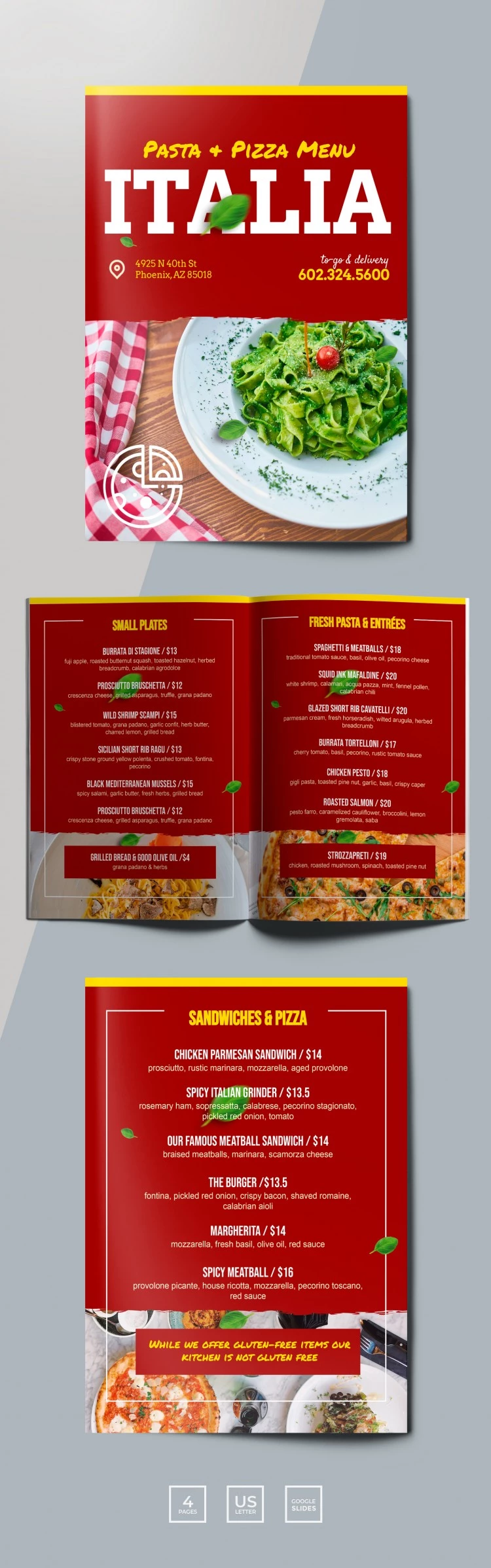 Red Italian Restaurant Menu - free Google Docs Template - 10061681