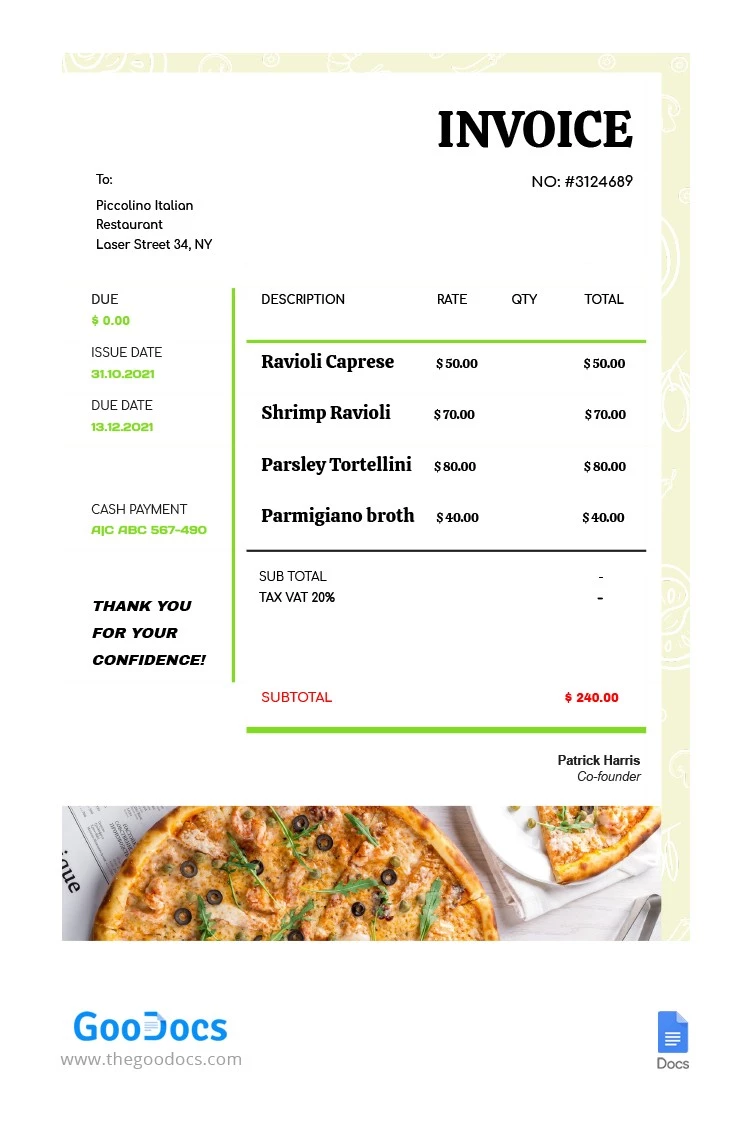 Italian Restaurant Invoice - free Google Docs Template - 10062359