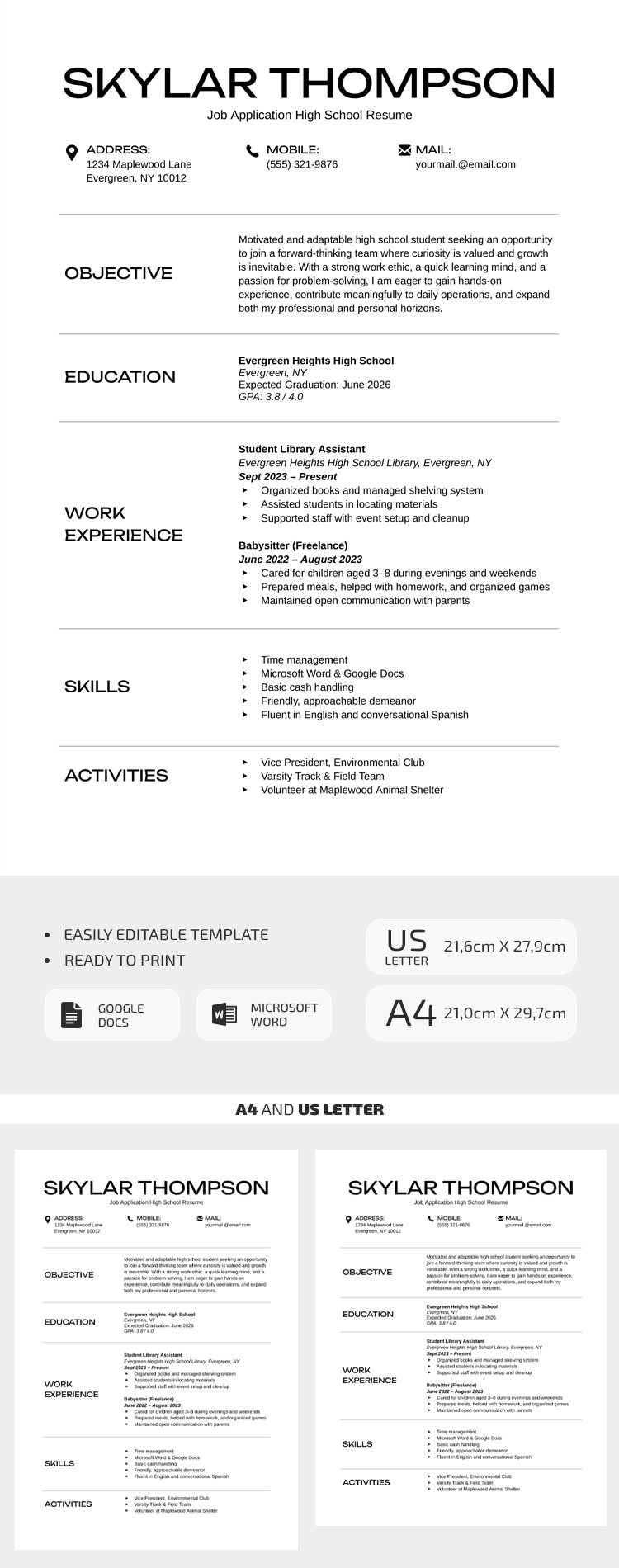 High School Resume Template Printable