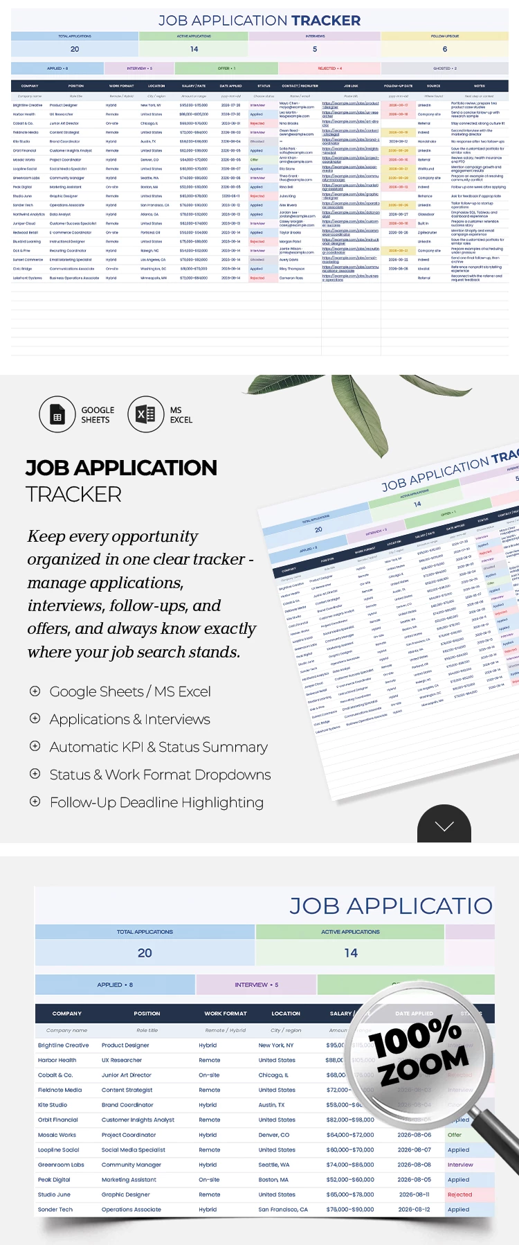 Preview of Job Application Tracker Template for Google Sheets and Microsoft Excel