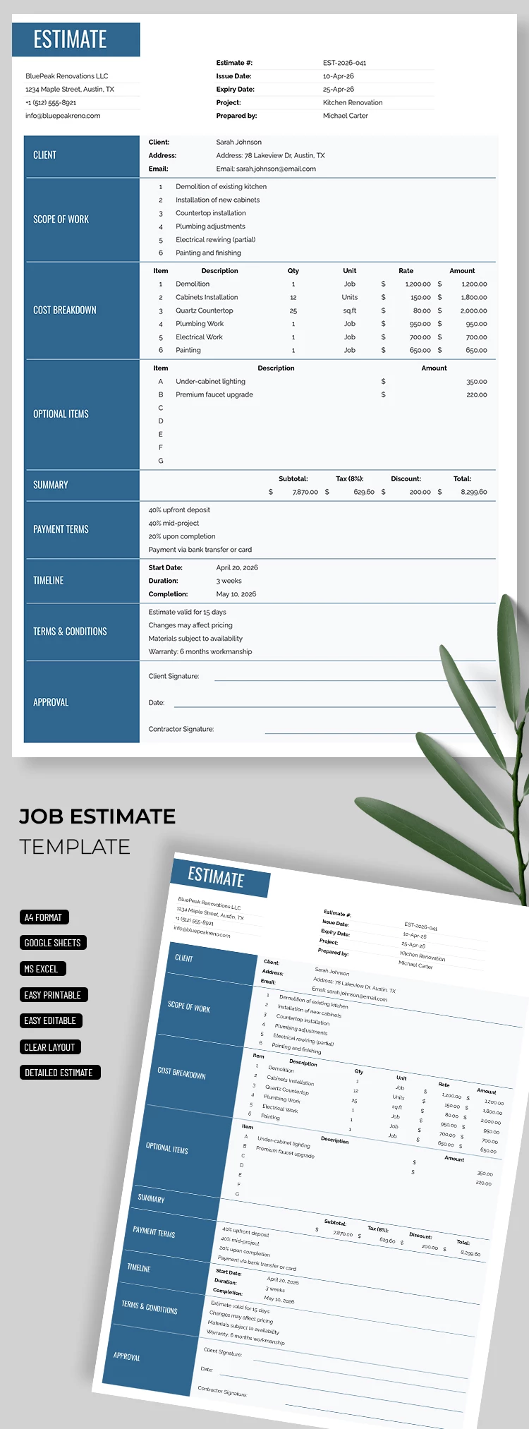 Preview of Job Estimate Template for Google Sheets and Microsoft Excel