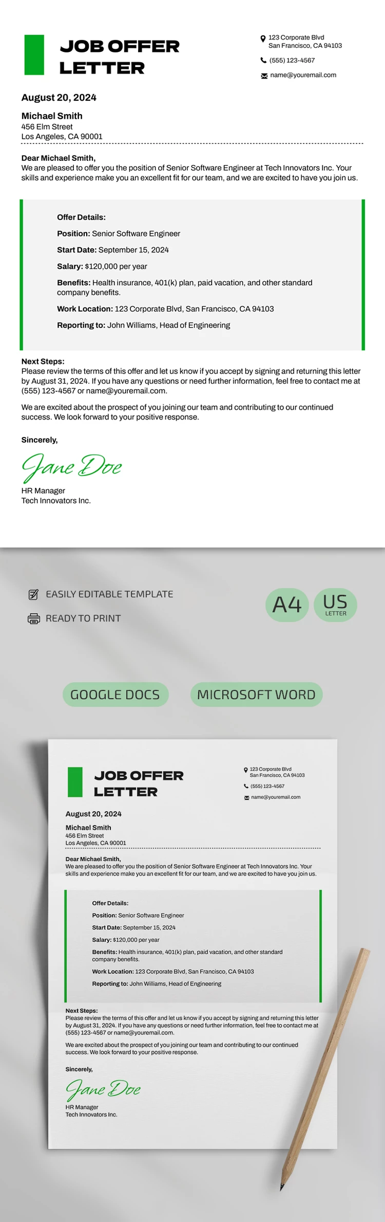 Lettera di offerta di lavoro semplice - free Google Docs Template - 10069216