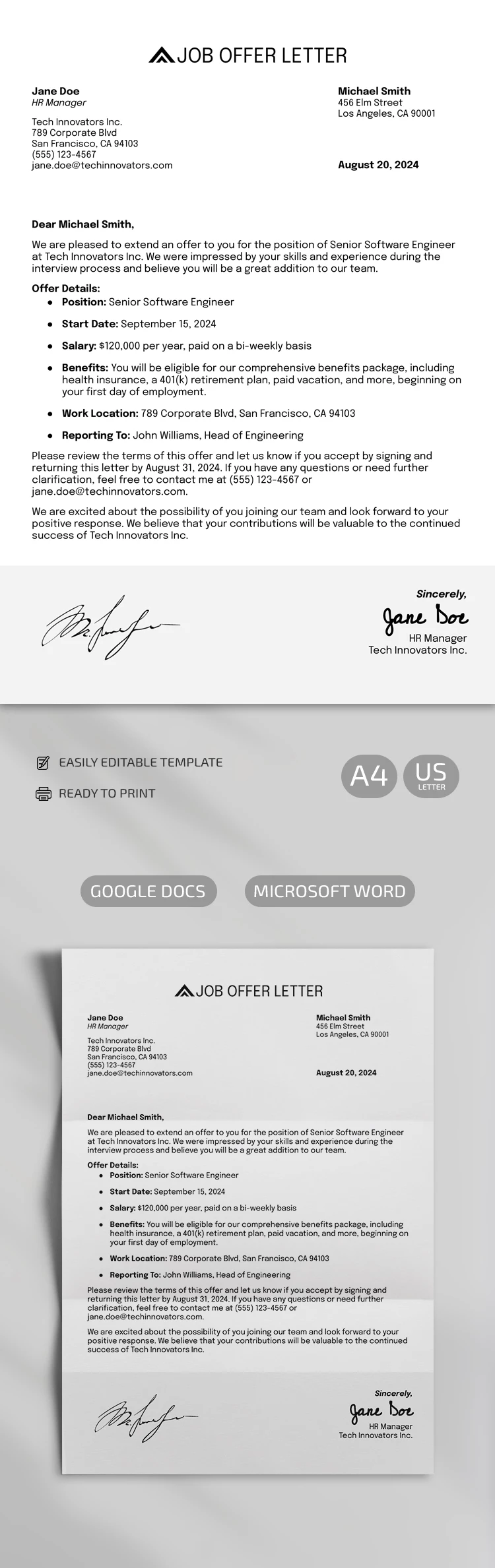 Lettre d'offre d'emploi professionnelle - free Google Docs Template - 10069249