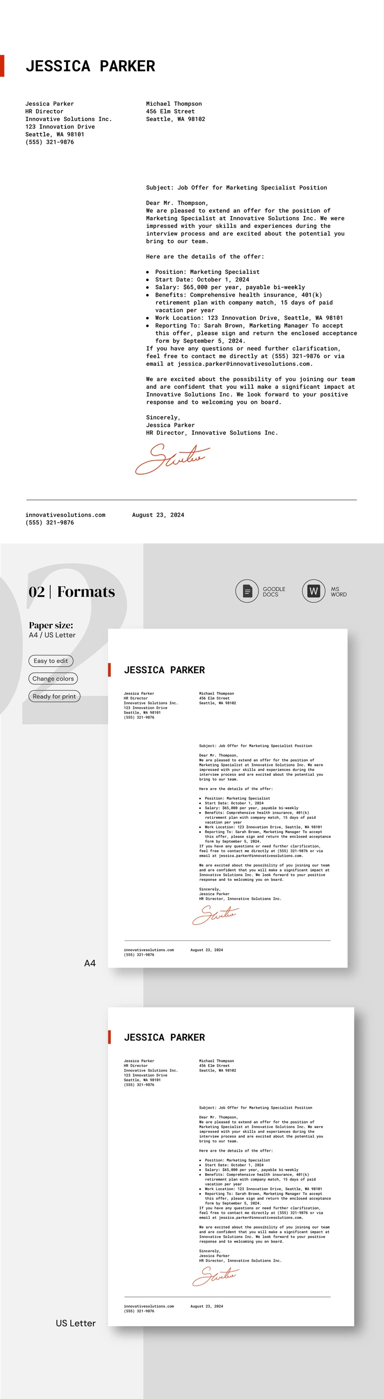 Lettera di offerta di lavoro semplice - free Google Docs Template - 10069228