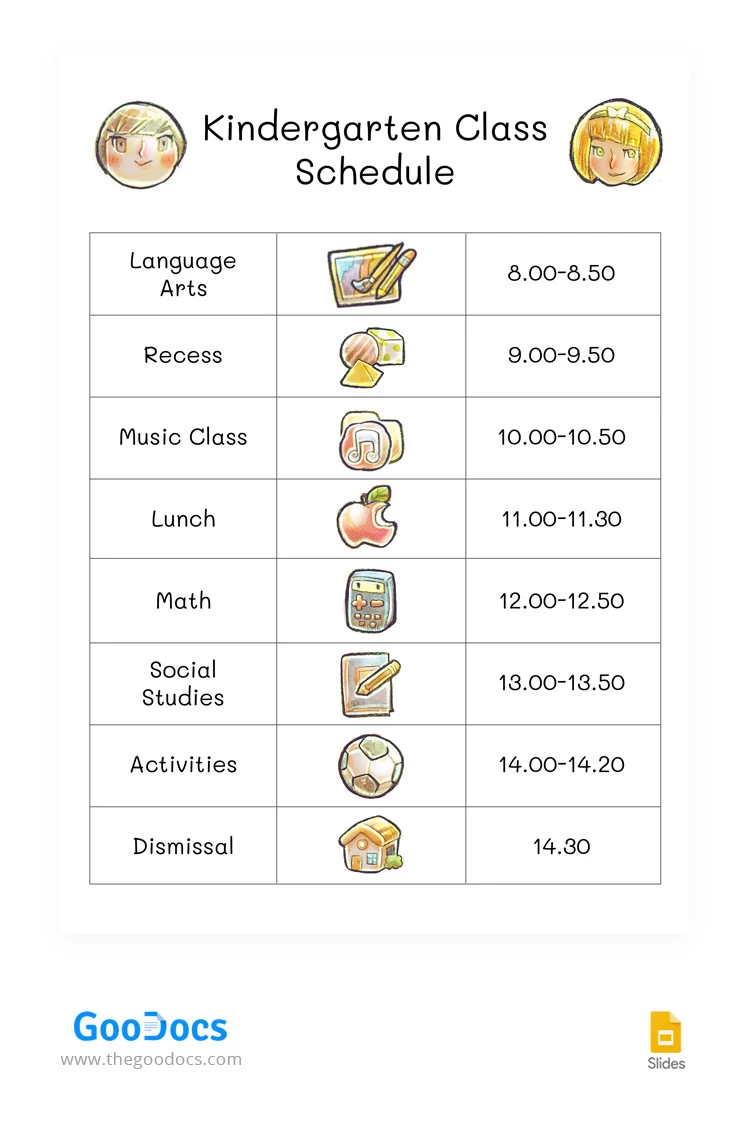 Kindergarten Illustrative Class Schedule - free Google Docs Template - 10066439