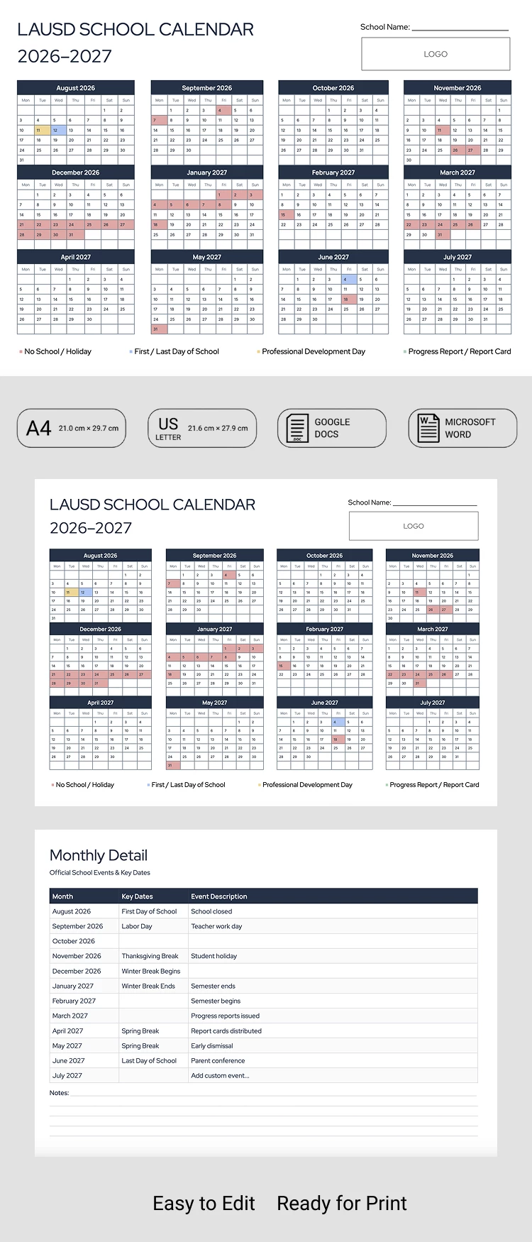 Anteprima di Calendario scolastico LAUSD 2026-2027 per Google Docs and Microsoft Word