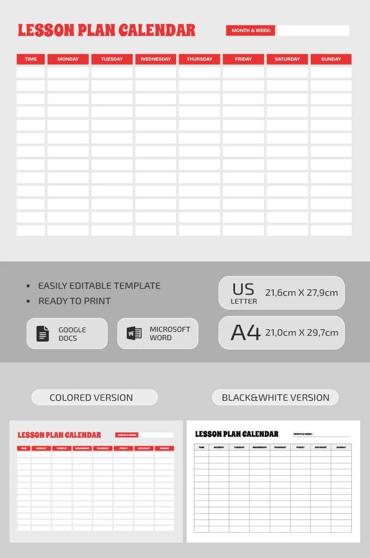 Lesson Plan Calendar - free Google Docs Template - 10069734