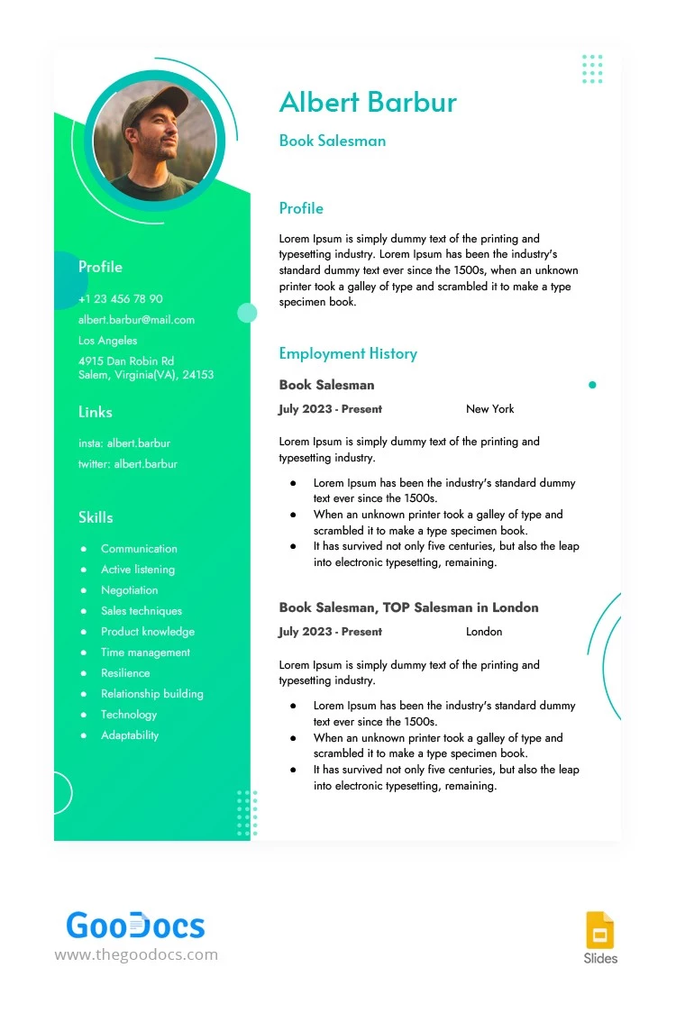 Green Salesman Resume - free Google Docs Template - 10065936