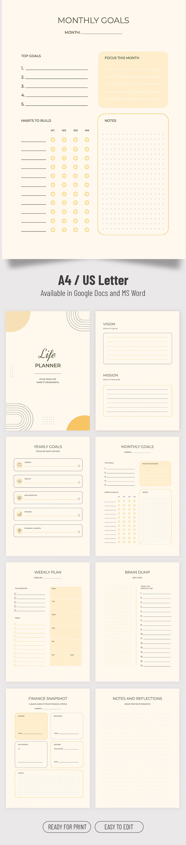 Preview of Life Planner Template for Google Docs and Microsoft Word